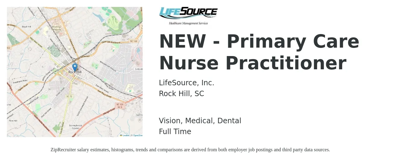 LifeSource, Inc. job posting for a NEW - Primary Care Nurse Practitioner in Rock Hill, SC with a salary of $85,100 to $116,200 Yearly and benefits including retirement, vision, dental, life_insurance, and medical with a map of Rock Hill location.