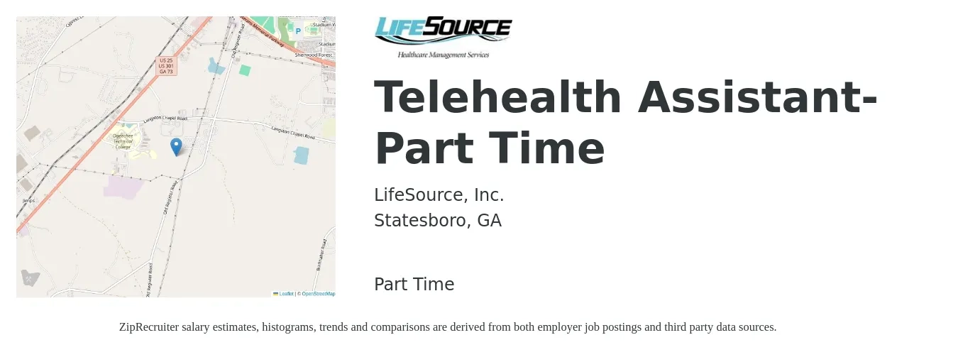 LifeSource, Inc. job posting for a Telehealth Assistant- Part Time in Statesboro, GA with a salary of $14 to $18 Hourly with a map of Statesboro location.