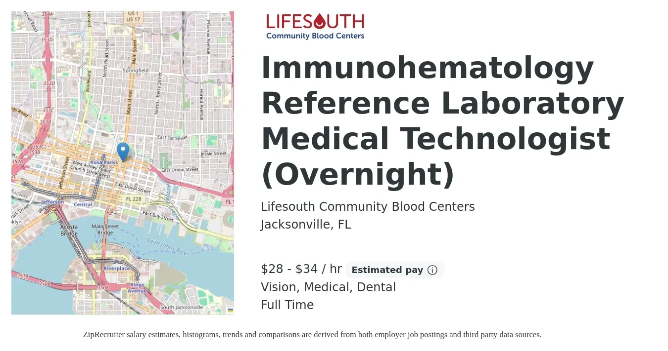 Lifesouth Community Blood Centers job posting for a Immunohematology Reference Laboratory Medical Technologist (Overnight) in Jacksonville, FL with a salary of $30 to $36 Hourly with a map of Jacksonville location.