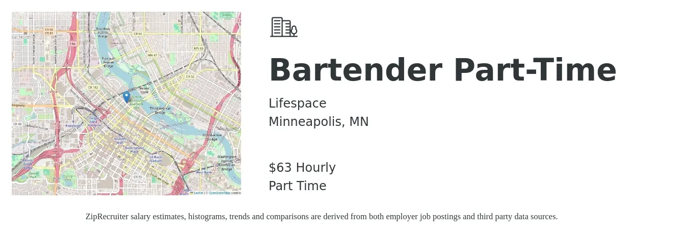 Lifespace job posting for a Bartender Part-Time in Minneapolis, MN with a salary of $10 to $20 Hourly with a map of Minneapolis location.