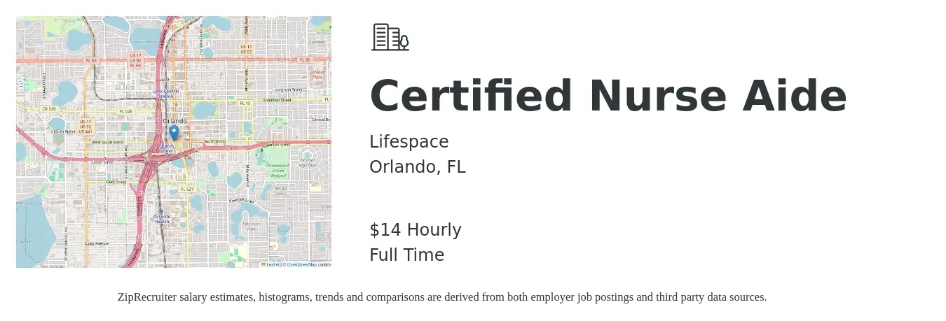 Lifespace job posting for a Certified Nurse Aide in Orlando, FL with a salary of $15 Hourly with a map of Orlando location.