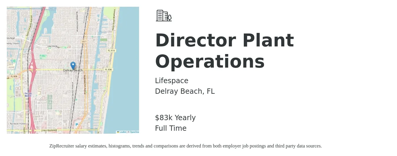 Lifespace job posting for a Director Plant Operations in Delray Beach, FL with a salary of $83,600 Yearly with a map of Delray Beach location.