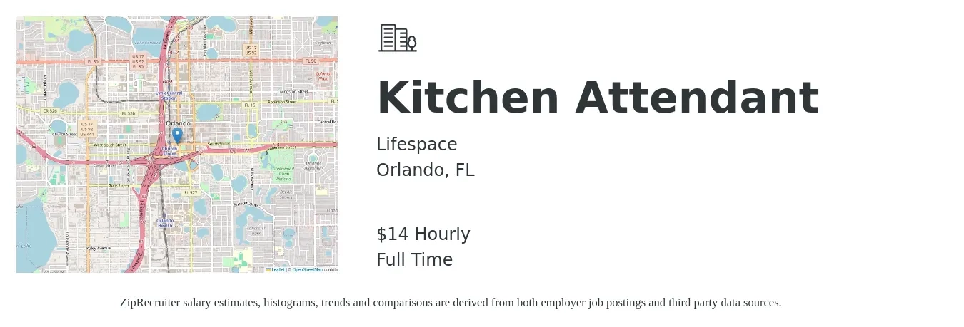 Lifespace job posting for a Kitchen Attendant in Orlando, FL with a salary of $15 Hourly with a map of Orlando location.
