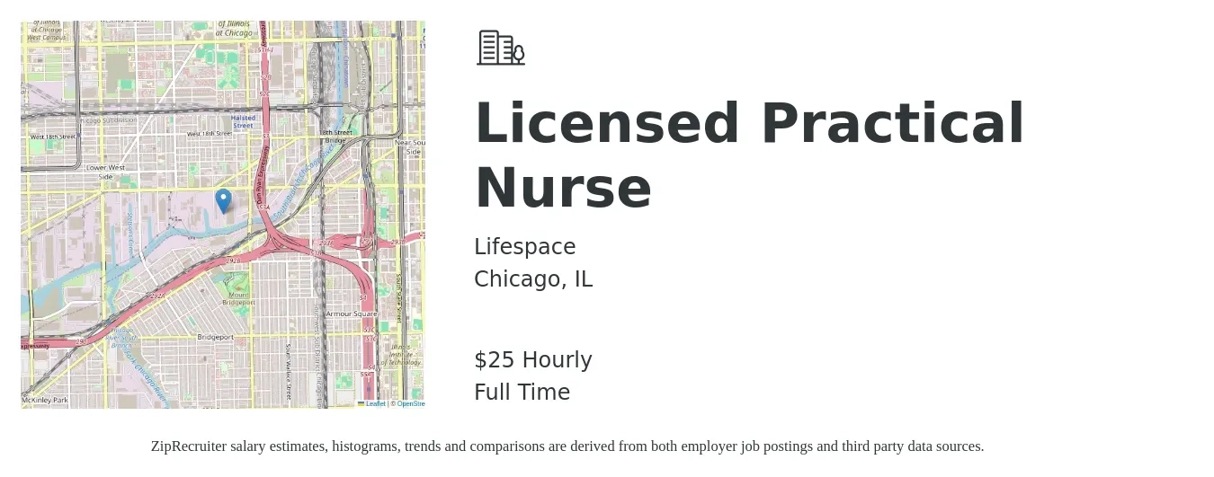 Lifespace job posting for a Licensed Practical Nurse in Chicago, IL with a salary of $26 to $36 Hourly with a map of Chicago location.