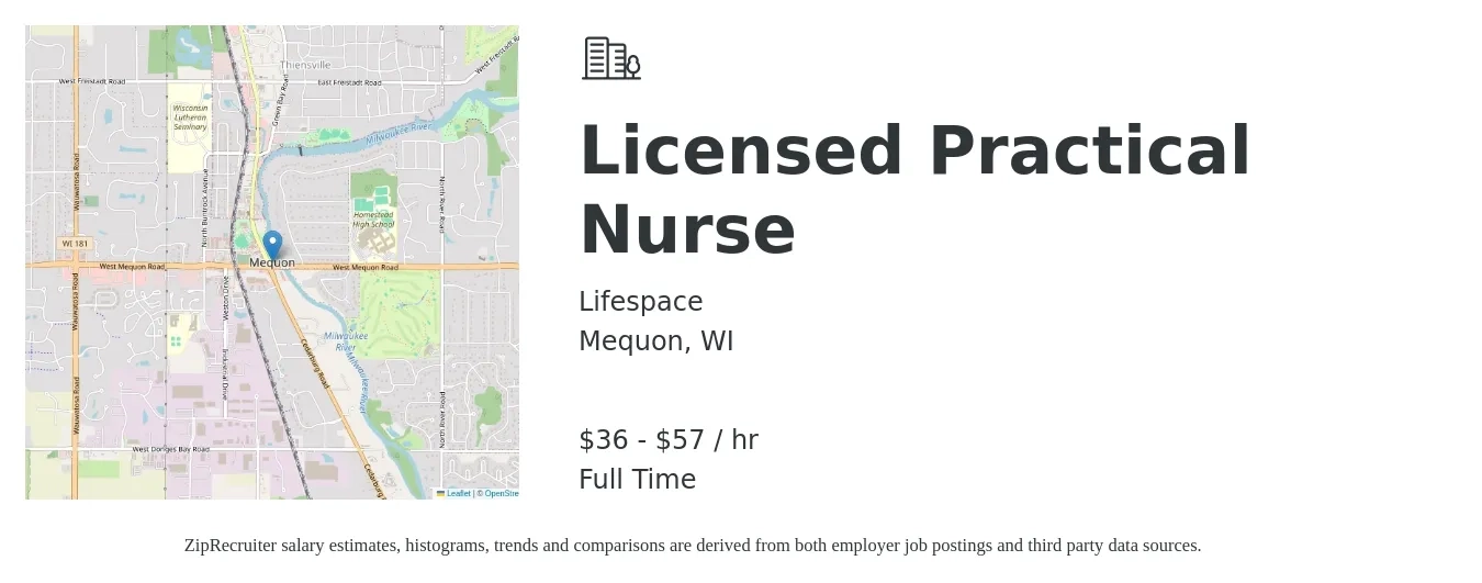 Lifespace job posting for a Licensed Practical Nurse in Mequon, WI with a salary of $3,000 Weekly with a map of Mequon location.