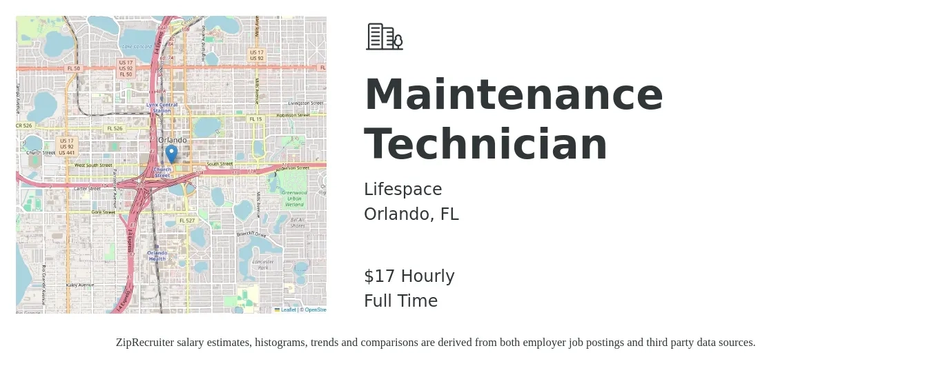 Lifespace job posting for a Maintenance Technician in Orlando, FL with a salary of $18 Hourly with a map of Orlando location.