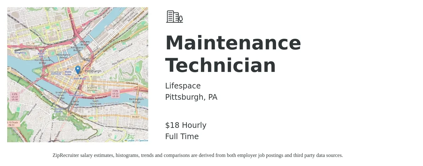 Lifespace job posting for a Maintenance Technician in Pittsburgh, PA with a salary of $19 Hourly with a map of Pittsburgh location.