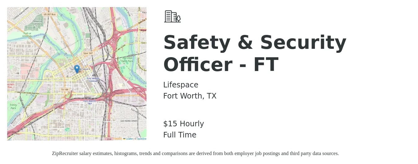 Lifespace job posting for a Safety & Security Officer - FT in Fort Worth, TX with a salary of $16 Hourly with a map of Fort Worth location.