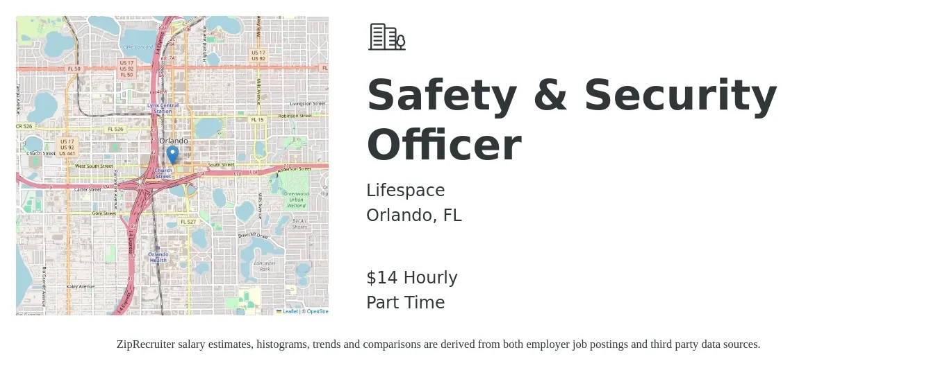Lifespace job posting for a Safety & Security Officer in Orlando, FL with a salary of $15 Hourly with a map of Orlando location.