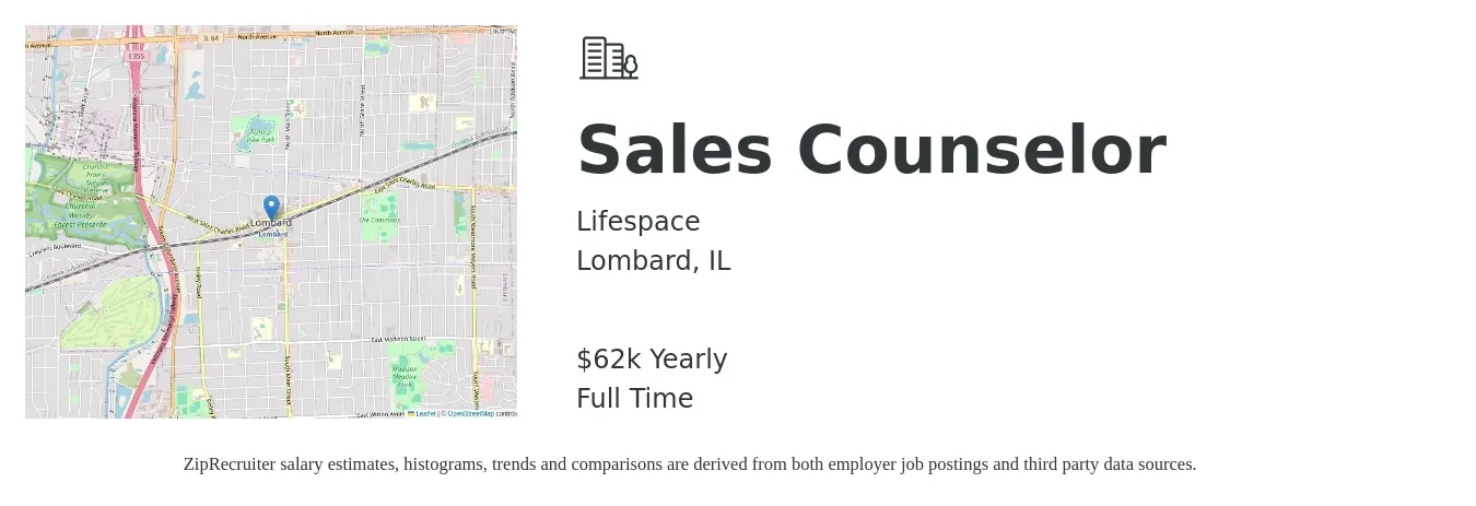 Lifespace job posting for a Sales Counselor in Lombard, IL with a salary of $38,900 to $64,000 Yearly with a map of Lombard location.