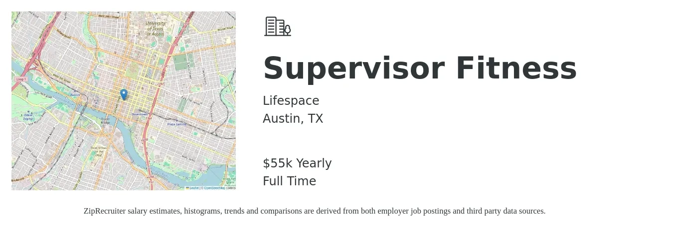 Lifespace job posting for a Supervisor Fitness in Austin, TX with a salary of $55,000 Yearly with a map of Austin location.