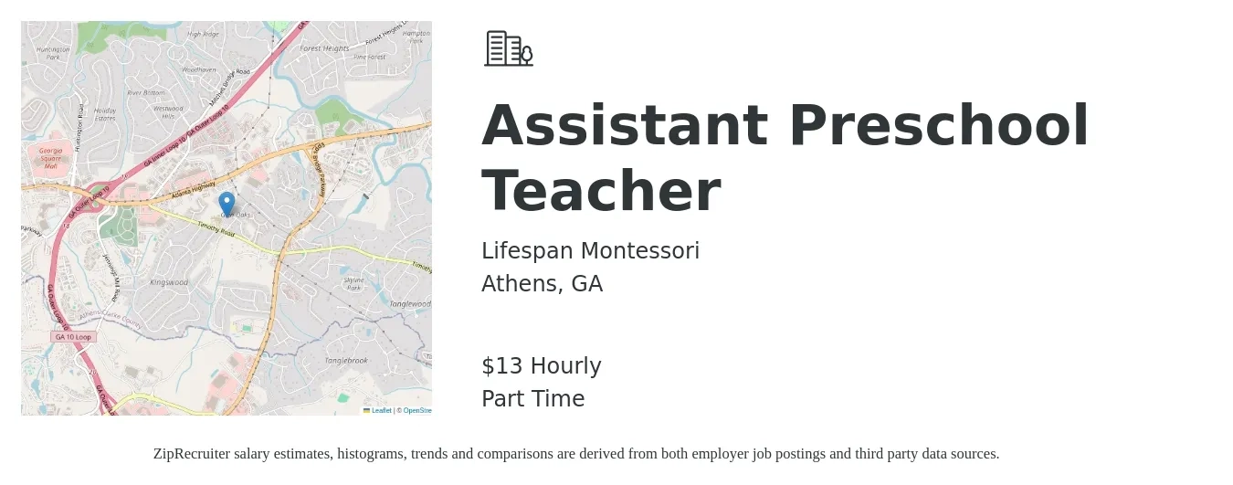 Lifespan Montessori job posting for a Assistant Preschool Teacher in Athens, GA with a salary of $14 Hourly with a map of Athens location.