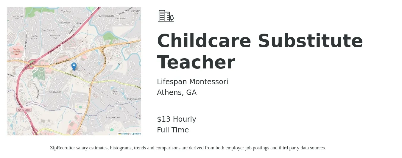 Lifespan Montessori job posting for a Childcare Substitute Teacher in Athens, GA with a salary of $14 Hourly with a map of Athens location.