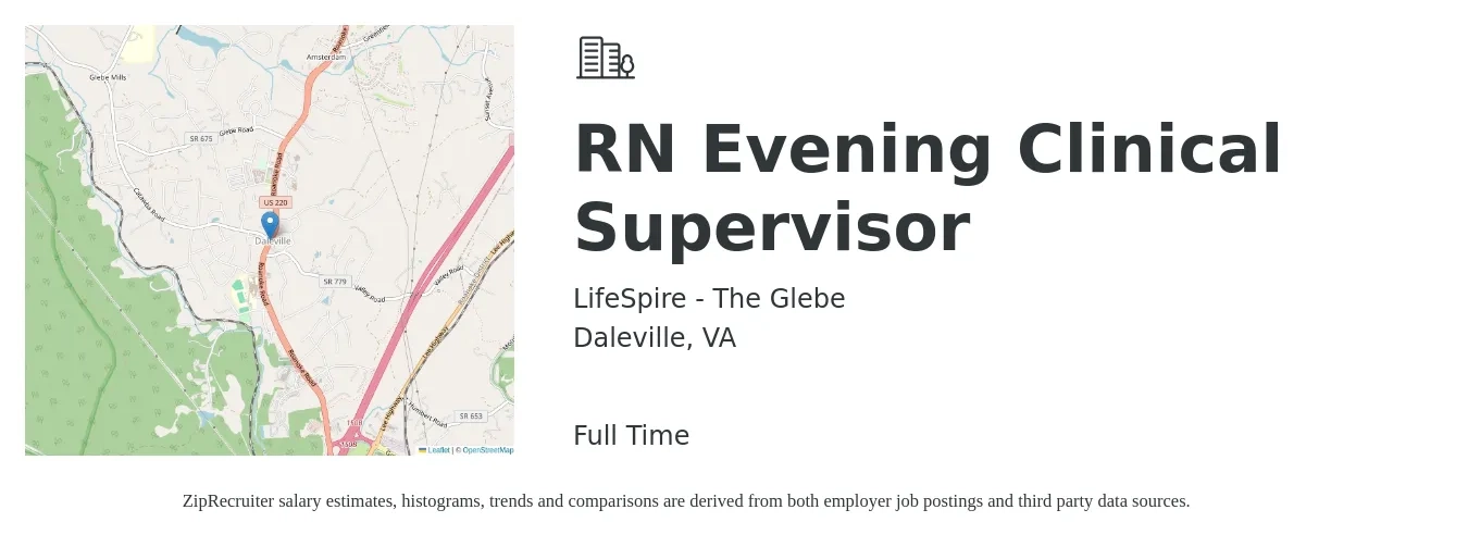LifeSpire - The Glebe job posting for a RN Evening Clinical Supervisor in Daleville, VA with a salary of $63,700 to $93,800 Yearly with a map of Daleville location.