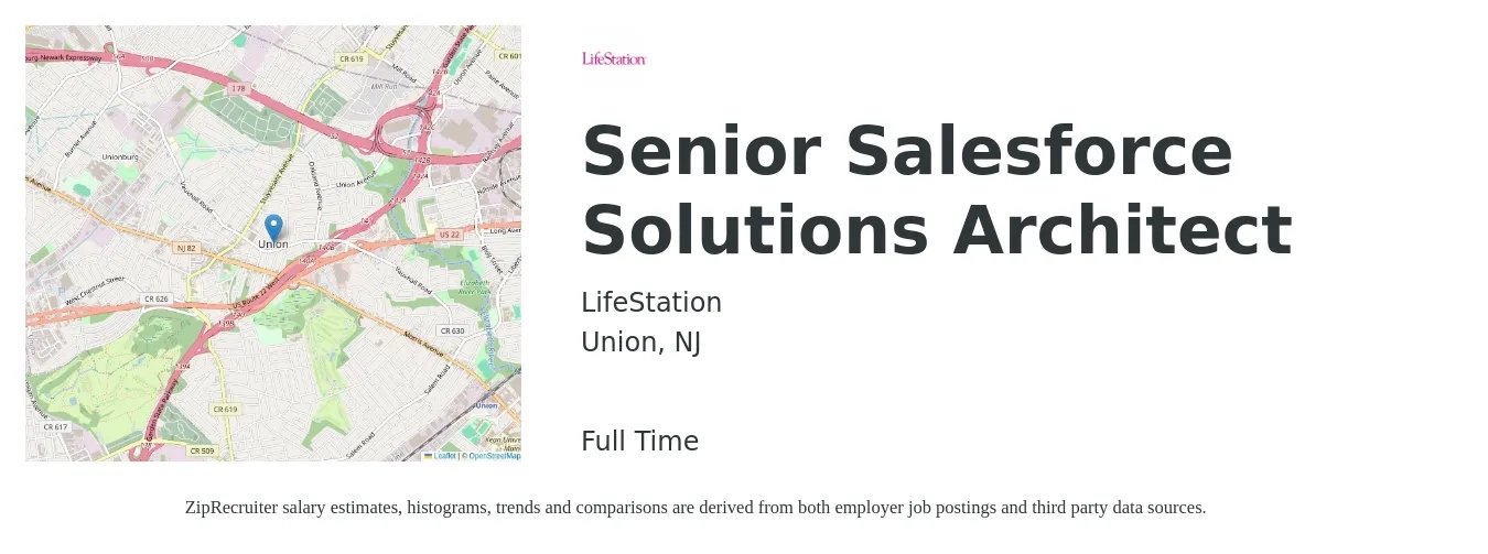 LIFESTATION INC job posting for a Senior Salesforce Solutions Architect in Union, NJ with a salary of $70 to $87 Hourly with a map of Union location.