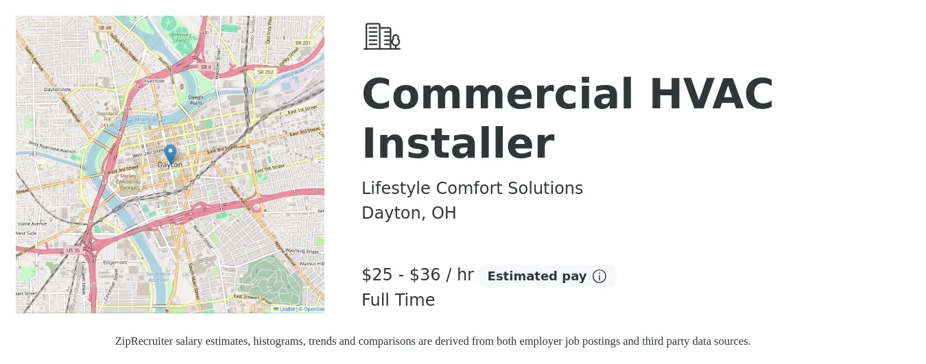 Lifestyle Comfort Solutions job posting for a Commercial HVAC Installer in Dayton, OH with a salary of $27 to $38 Hourly with a map of Dayton location.