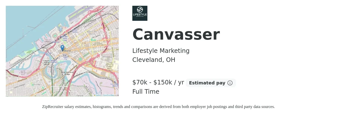 Lifestyle Marketing job posting for a Canvasser in Cleveland, OH with a salary of $70,000 to $150,000 Yearly with a map of Cleveland location.