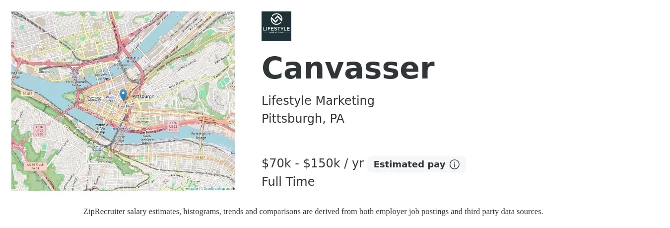 Lifestyle Marketing job posting for a Canvasser in Pittsburgh, PA with a salary of $70,000 to $150,000 Yearly with a map of Pittsburgh location.