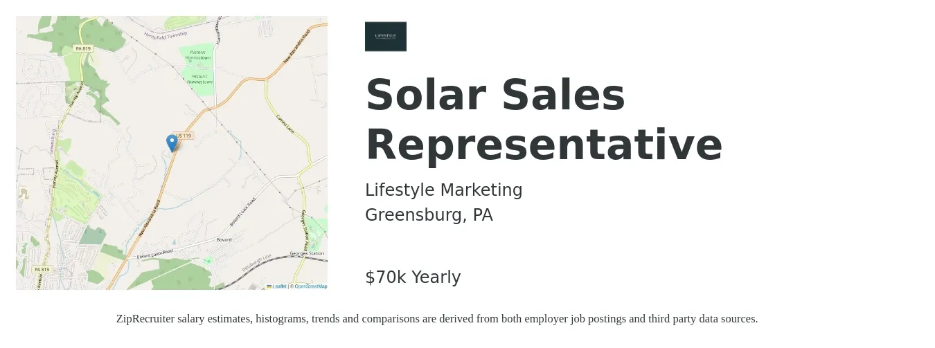 Lifestyle Marketing job posting for a Solar Sales Representative in Greensburg, PA with a salary of $70,000 to $150,000 Yearly with a map of Greensburg location.