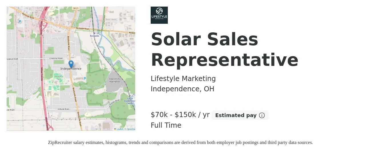 Lifestyle Marketing job posting for a Solar Sales Representative in Independence, OH with a salary of $70,000 to $150,000 Yearly with a map of Independence location.