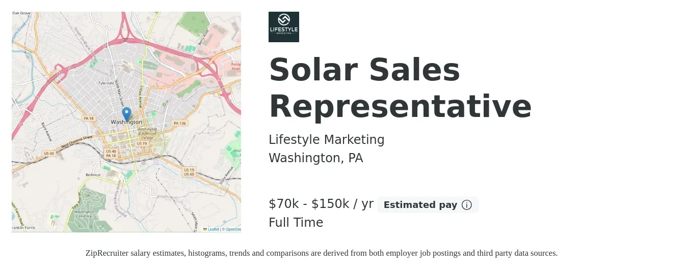 Lifestyle Marketing job posting for a Solar Sales Representative in Washington, PA with a salary of $70,000 to $150,000 Yearly with a map of Washington location.