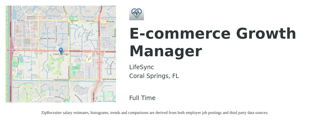 LifeSync job posting for a E-commerce Growth Manager in Coral Springs, FL with a salary of $57,100 to $93,300 Yearly with a map of Coral Springs location.