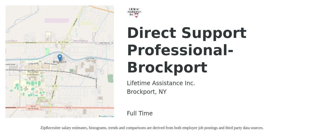 Lifetime Assistance Inc. job posting for a Direct Support Professional- Brockport in Brockport, NY with a salary of $18 to $19 Hourly with a map of Brockport location.
