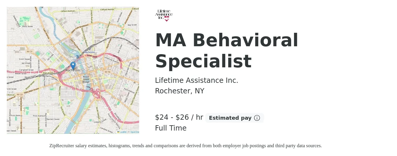 Lifetime Assistance Inc. job posting for a MA Behavioral Specialist in Rochester, NY with a salary of $25 to $28 Hourly with a map of Rochester location.