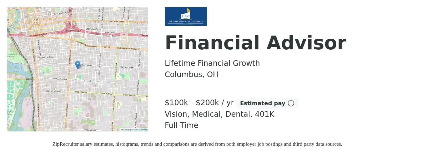 Lifetime Financial Growth job posting for a Financial Advisor in Columbus, OH with a salary of $100,000 to $200,000 Yearly (plus commission) and benefits including life_insurance, medical, vision, 401k, and dental with a map of Columbus location.