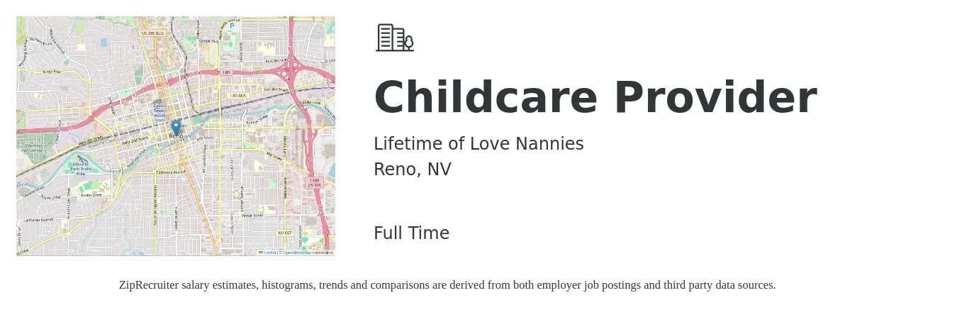 Lifetime of Love Nannies job posting for a Childcare Provider in Reno, NV with a salary of $14 to $17 Hourly with a map of Reno location.
