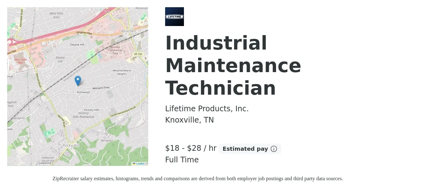 Lifetime Products, Inc. job posting for a Industrial Maintenance Technician in Knoxville, TN with a salary of $19 to $30 Hourly with a map of Knoxville location.