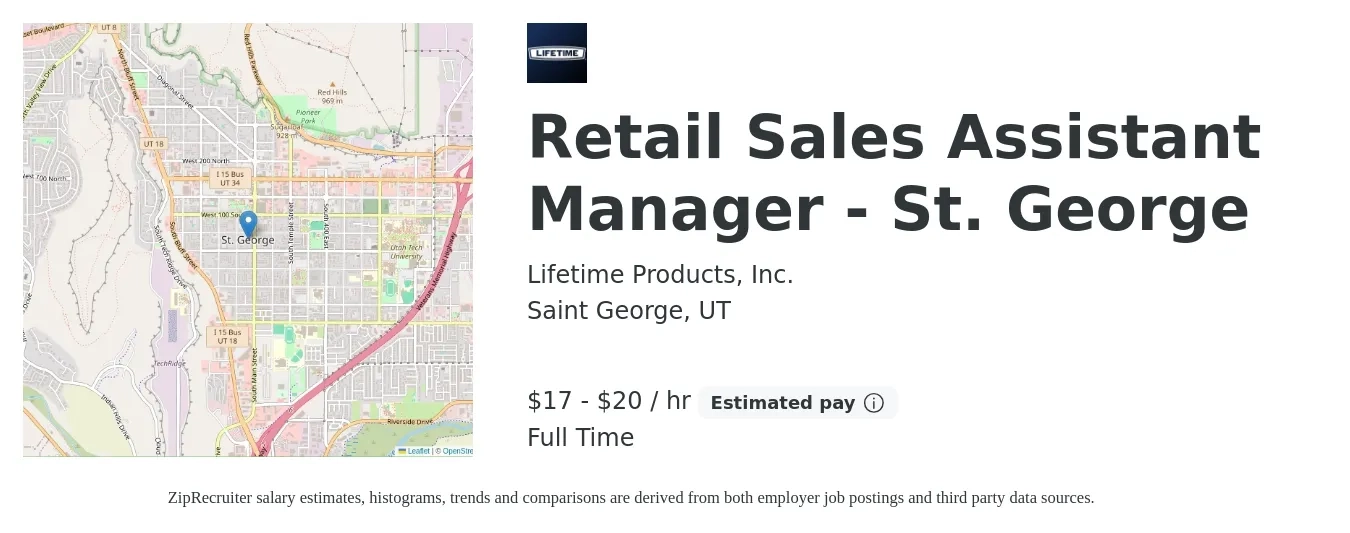 Lifetime Products, Inc. job posting for a Retail Sales Assistant Manager - St. George in Saint George, UT with a salary of $18 to $21 Hourly with a map of Saint George location.