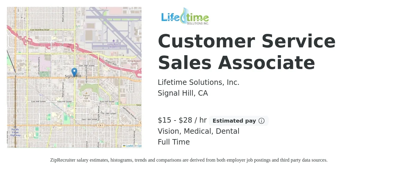 Lifetime Solutions, Inc. job posting for a Customer Service Sales Associate in Signal Hill, CA with a salary of $16 to $30 Hourly and benefits including medical, retirement, vision, dental, and life_insurance with a map of Signal Hill location.