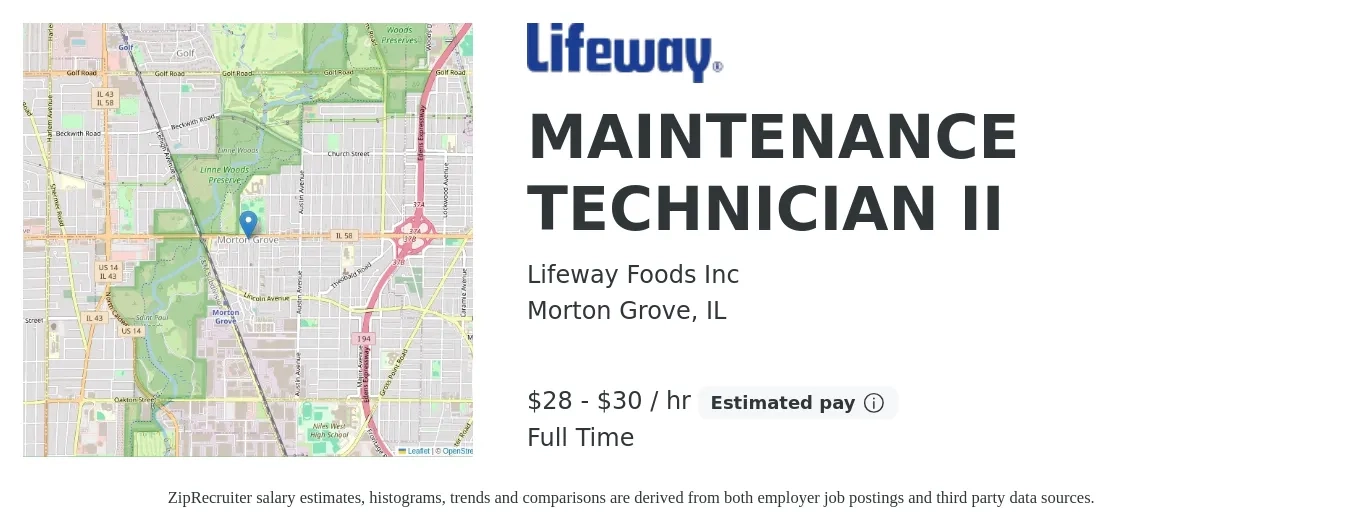 Lifeway Foods Inc job posting for a MAINTENANCE TECHNICIAN II in Morton Grove, IL with a salary of $30 to $31 Hourly with a map of Morton Grove location.