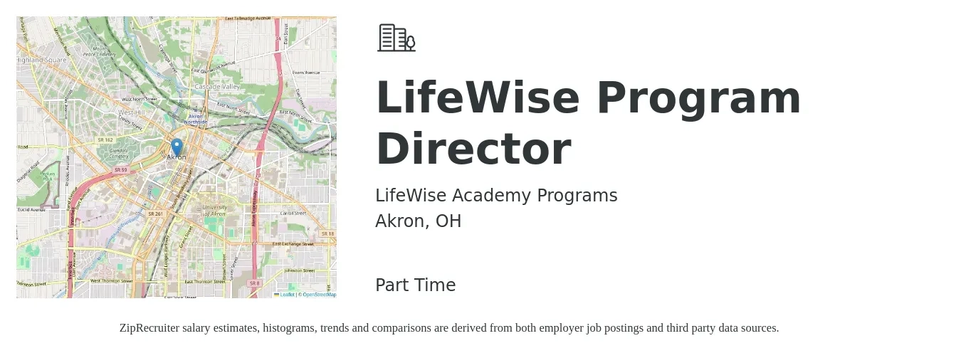 LifeWise Academy Programs job posting for a LifeWise Program Director in Akron, OH with a salary of $50,700 to $88,500 Yearly with a map of Akron location.