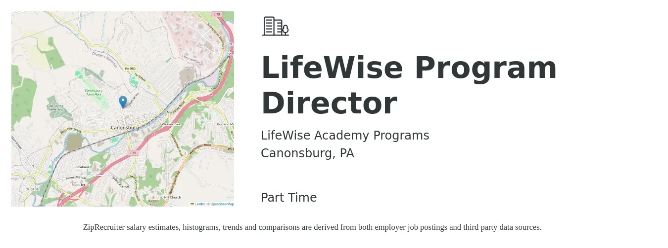 LifeWise Academy Programs job posting for a LifeWise Program Director in Canonsburg, PA with a salary of $48,700 to $85,000 Yearly with a map of Canonsburg location.