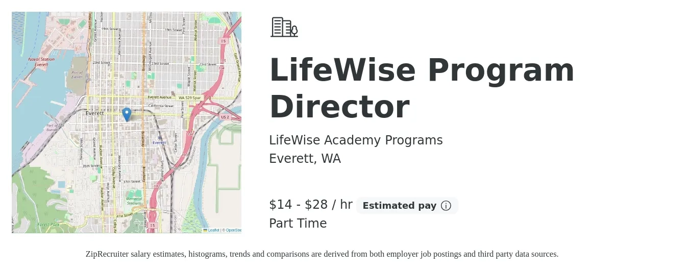 LifeWise Academy Programs job posting for a LifeWise Program Director in Everett, WA with a salary of $15 to $30 Hourly with a map of Everett location.