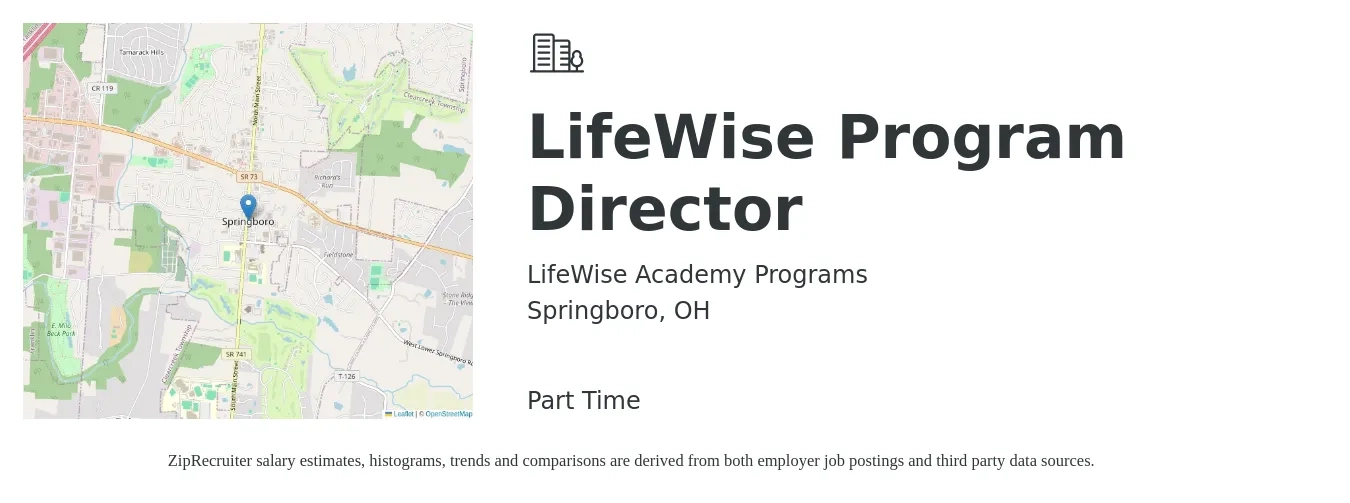 LifeWise Academy Programs job posting for a LifeWise Program Director in Springboro, OH with a salary of $46,700 to $81,600 Yearly with a map of Springboro location.