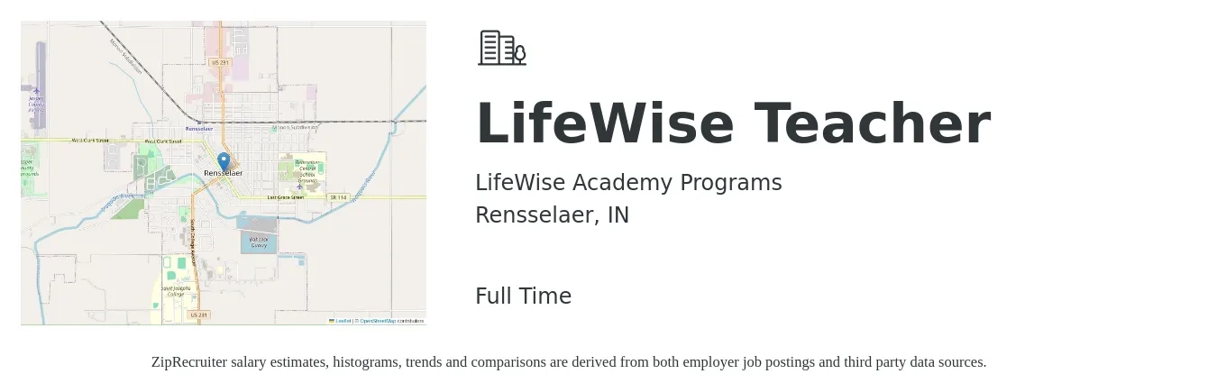 LifeWise Academy Programs job posting for a LifeWise Teacher in Rensselaer, IN with a salary of $30,300 to $51,600 Yearly with a map of Rensselaer location.