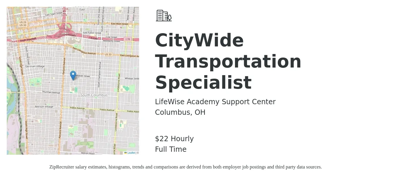 LifeWise Academy Support Center job posting for a CityWide Transportation Specialist in Columbus, OH with a salary of $23 Hourly with a map of Columbus location.