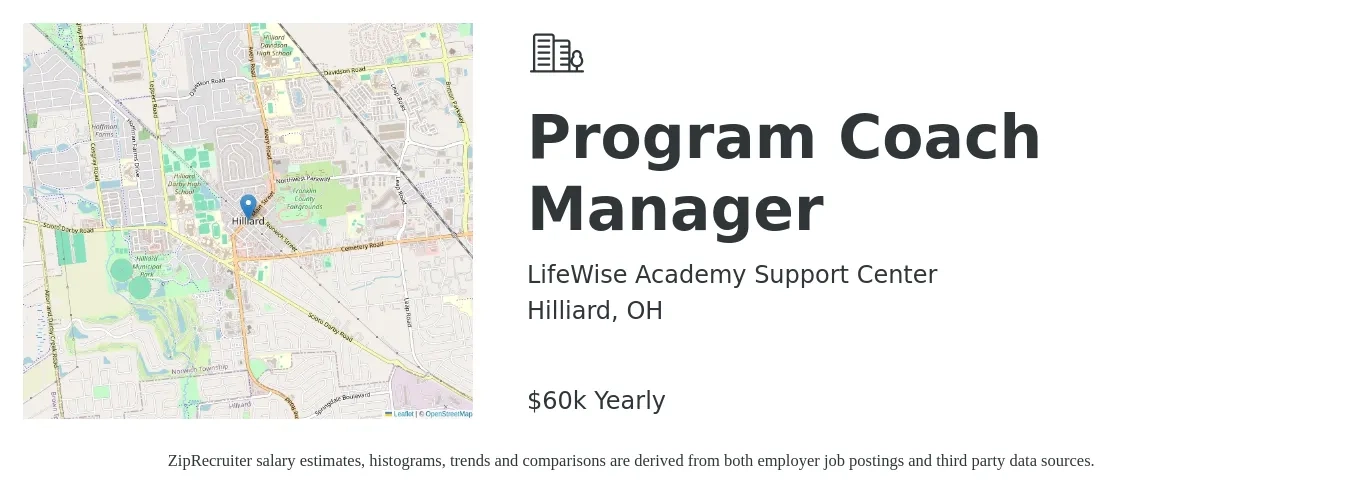 LifeWise Academy Support Center job posting for a Program Coach Manager in Hilliard, OH with a salary of $60,000 Yearly with a map of Hilliard location.