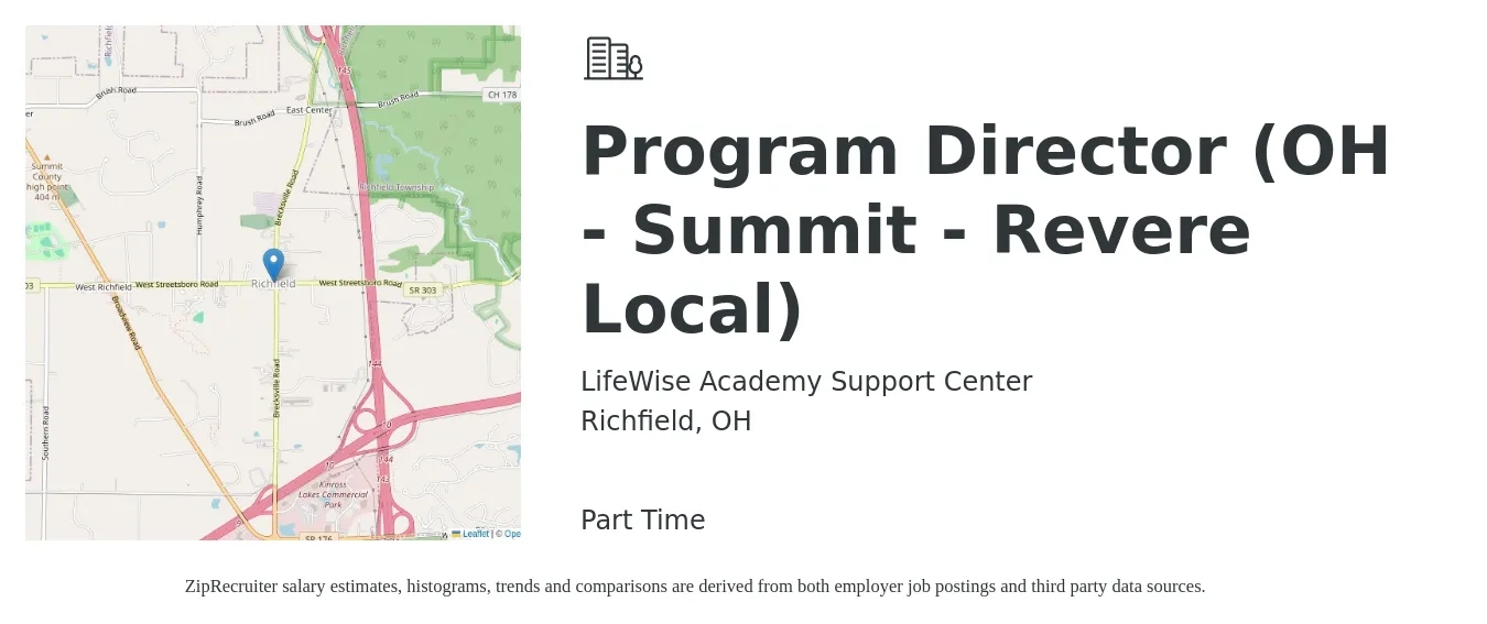 LifeWise Academy Support Center job posting for a Program Director (OH - Summit - Revere Local) in Richfield, OH with a salary of $49,500 to $86,400 Yearly with a map of Richfield location.