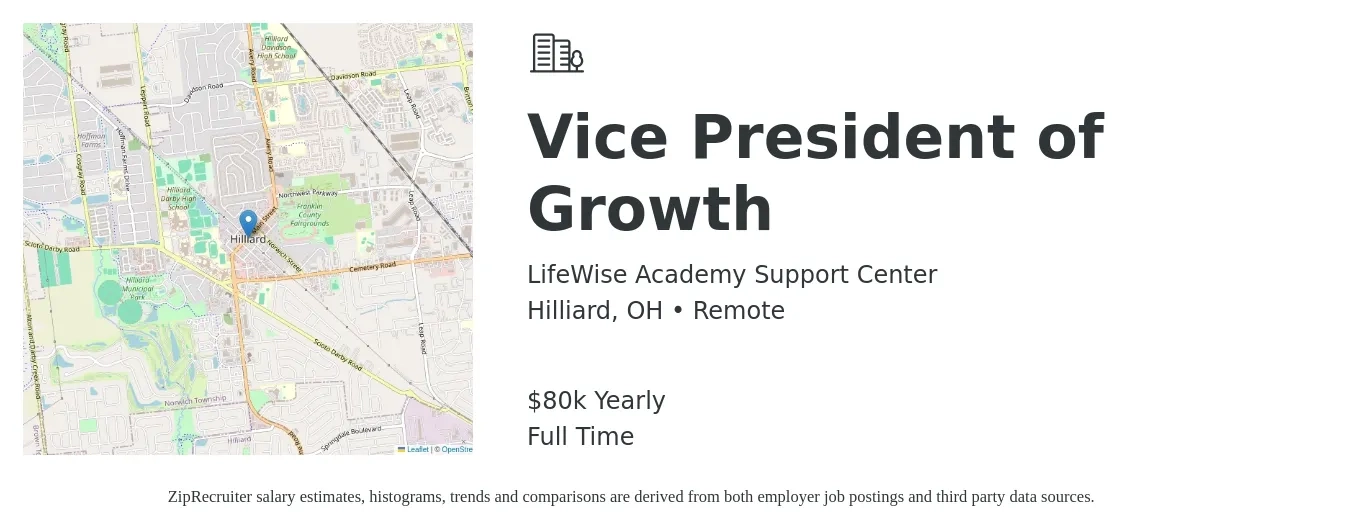 LifeWise Academy Support Center job posting for a Vice President of Growth in Hilliard, OH with a salary of $80,000 Yearly with a map of Hilliard location.