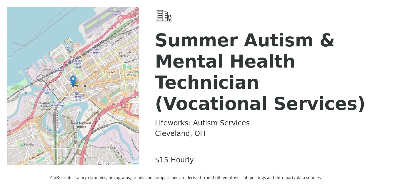 Lifeworks: Autism Services job posting for a Summer Autism & Mental Health Technician (Vocational Services) in Cleveland, OH with a salary of $16 Hourly with a map of Cleveland location.