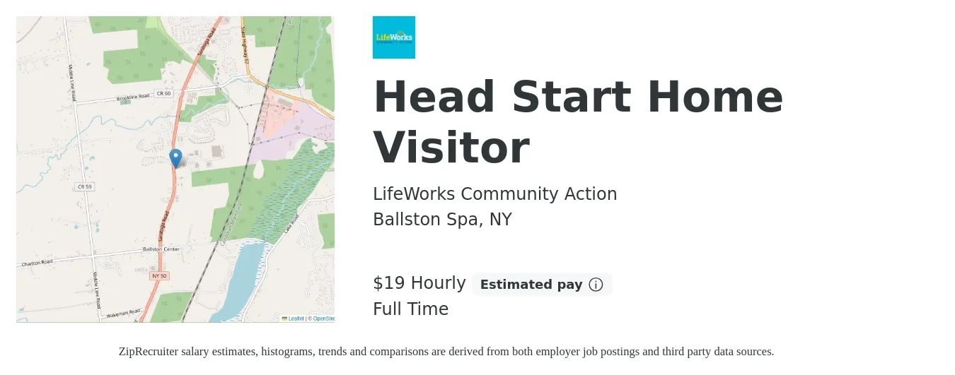 LifeWorks Community Action job posting for a Head Start Home Visitor in Ballston Spa, NY with a salary of $20 Hourly with a map of Ballston Spa location.