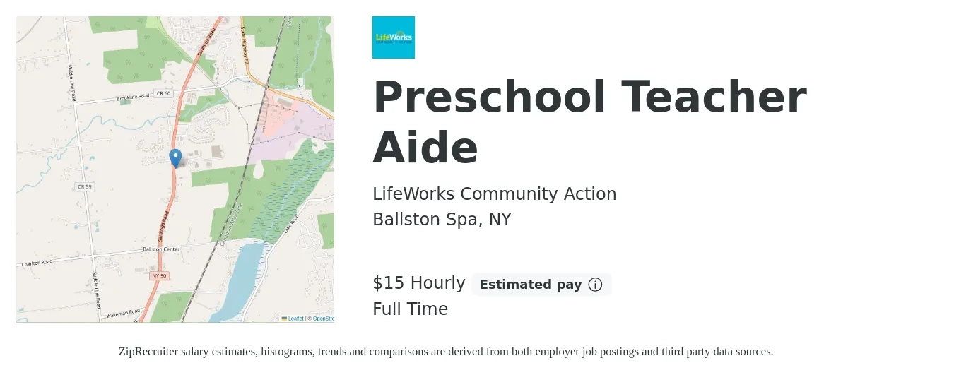 LifeWorks Community Action job posting for a Preschool Teacher Aide in Ballston Spa, NY with a salary of $16 Hourly with a map of Ballston Spa location.