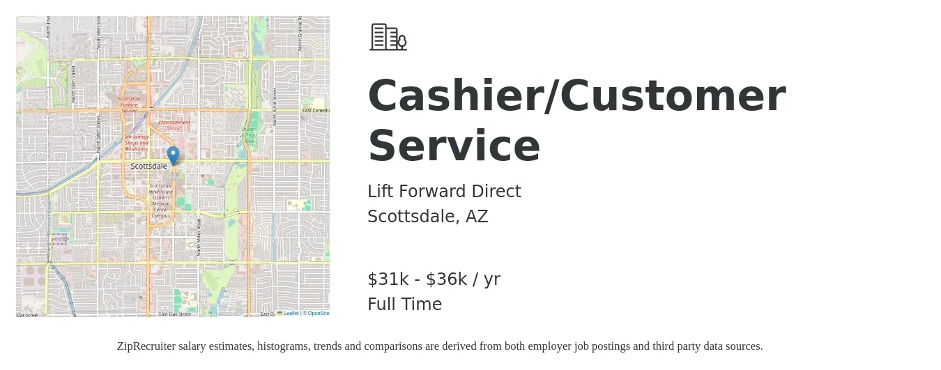 Lift Forward Direct job posting for a Cashier/Customer Service in Scottsdale, AZ with a salary of $31,000 to $36,000 Yearly with a map of Scottsdale location.