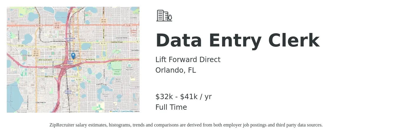 Lift Forward Direct job posting for a Data Entry Clerk in Orlando, FL with a salary of $36,000 to $49,000 Yearly with a map of Orlando location.