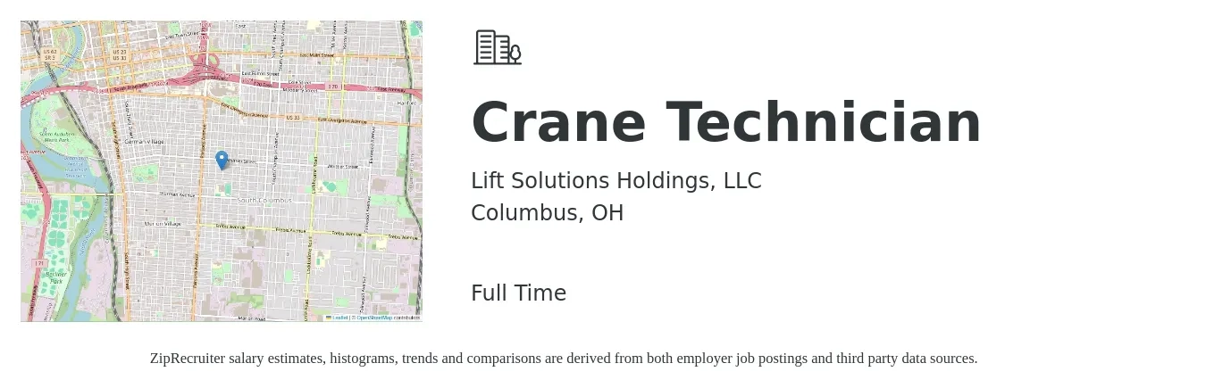 Lift Solutions Holdings, LLC job posting for a Crane Technician in Columbus, OH with a salary of $25 to $35 Hourly with a map of Columbus location.