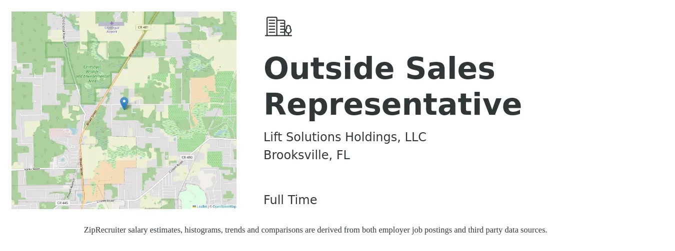 Lift Solutions Holdings, LLC job posting for a Outside Sales Representative in Brooksville, FL with a salary of $42,700 to $73,300 Yearly with a map of Brooksville location.